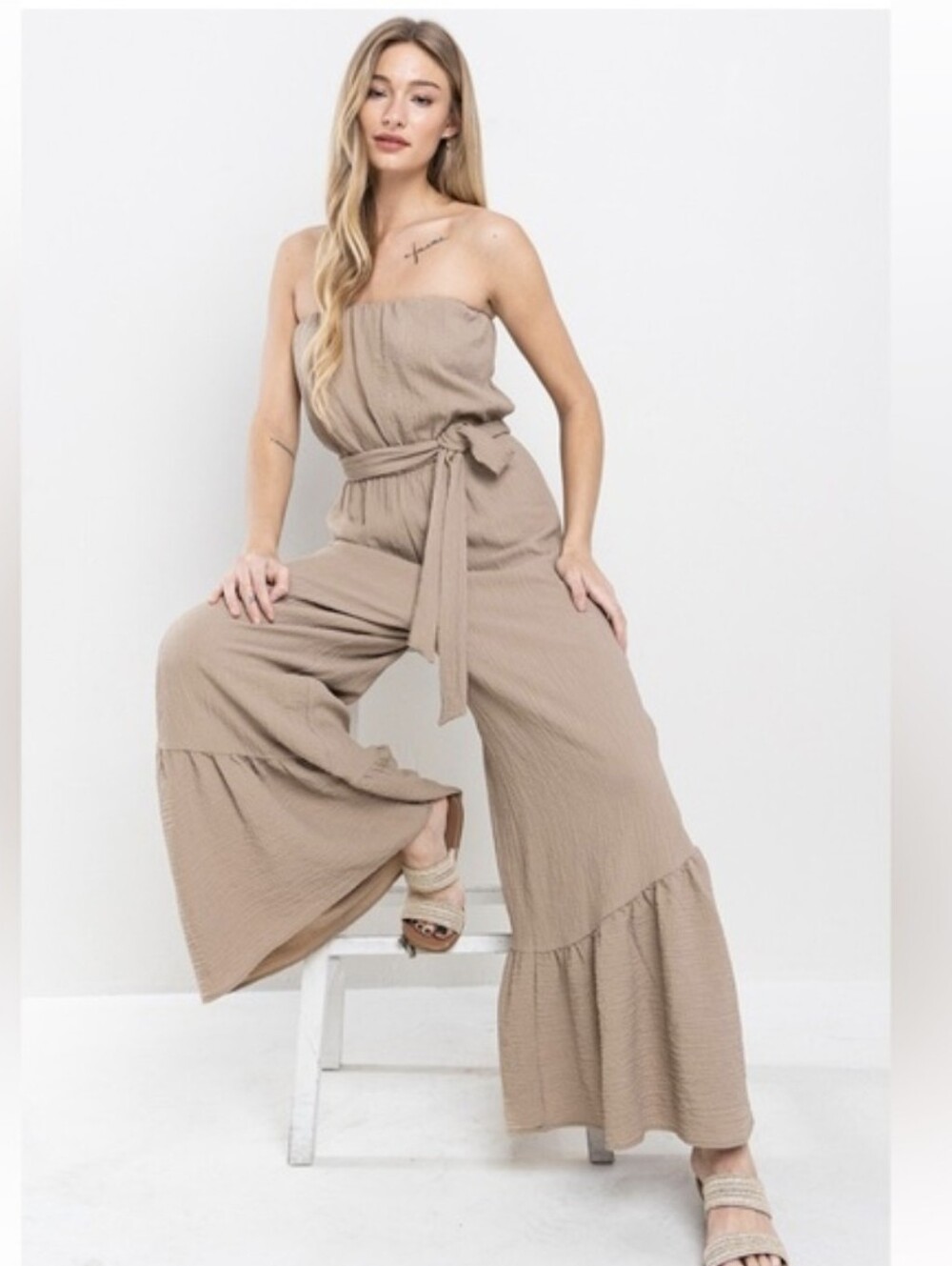 Taupe Textured Strapless Jumpsuit with Waist Tie